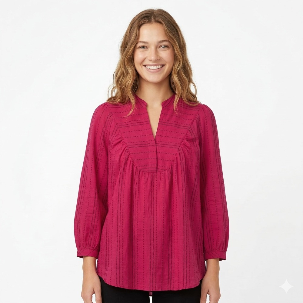 Hatch The Cecily Blouse Womens Size 3 Red Plum Stripe Cotton Boho V-Neck Top NWT